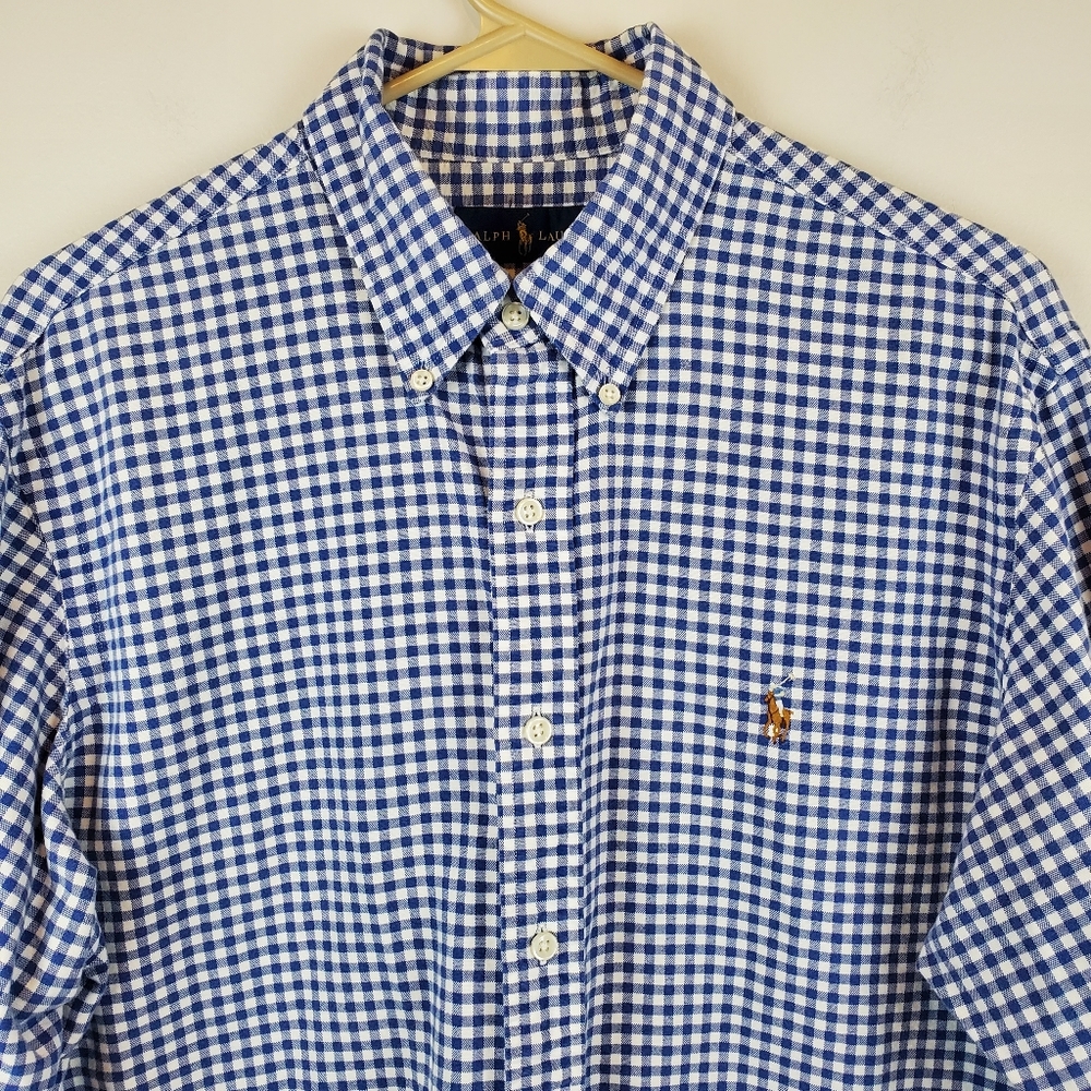 Ralph Lauren Blue White Checkered Button Down Shirt Size L Mens Business Cotton